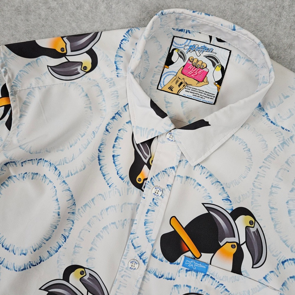 Retro Rifle (Men's XL) White Rule #2 Toucan Button Up Tropical Shirt Fight Club